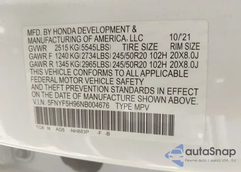 2022 Honda Pilot 2Wd Touring 8 Passenger z USA, uszkodzony, nr VIN 5FNYF5H96NB004676